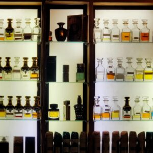 Aesthetic arrangement of diverse perfume bottles on illuminated shelves showcasing luxury fragrances.
